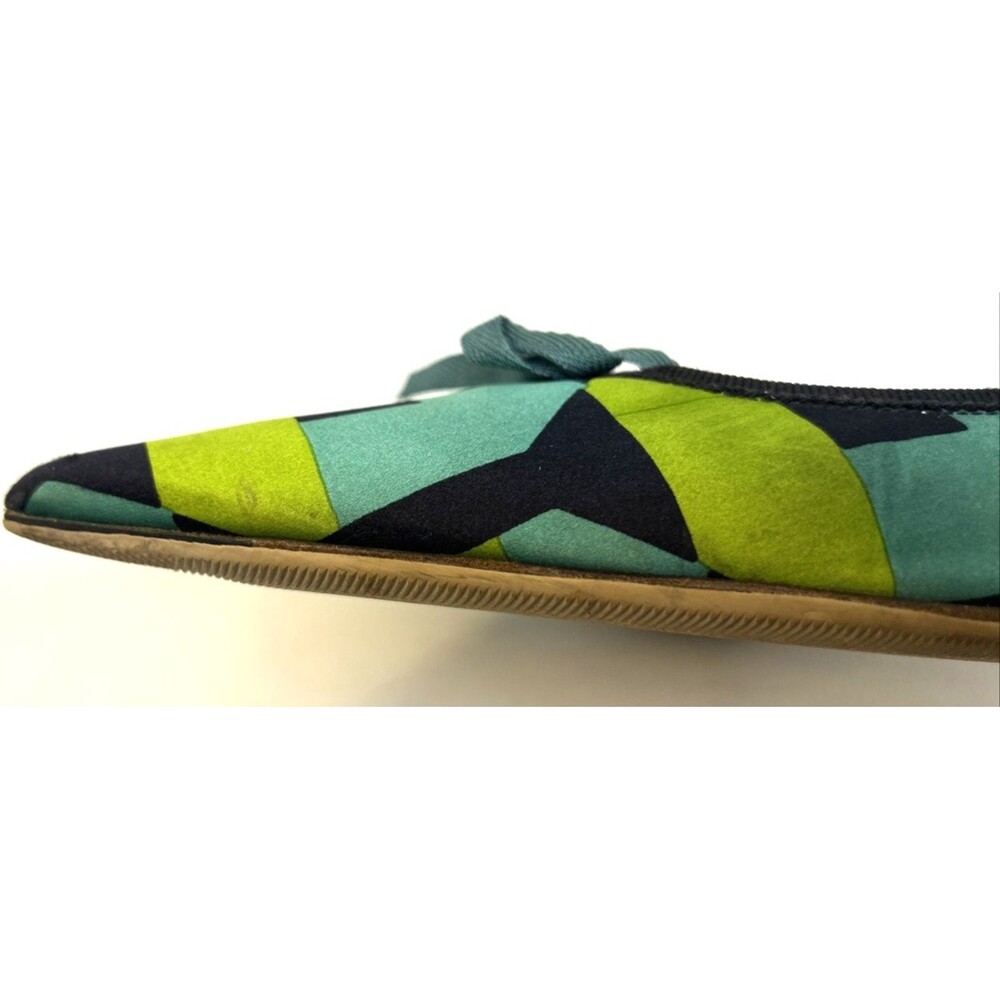 VTG Prada Mules Sz 35.5 Satin Geometric Blue Green Kitten Heels Bow Accent RARE! - Picture 10 of 15